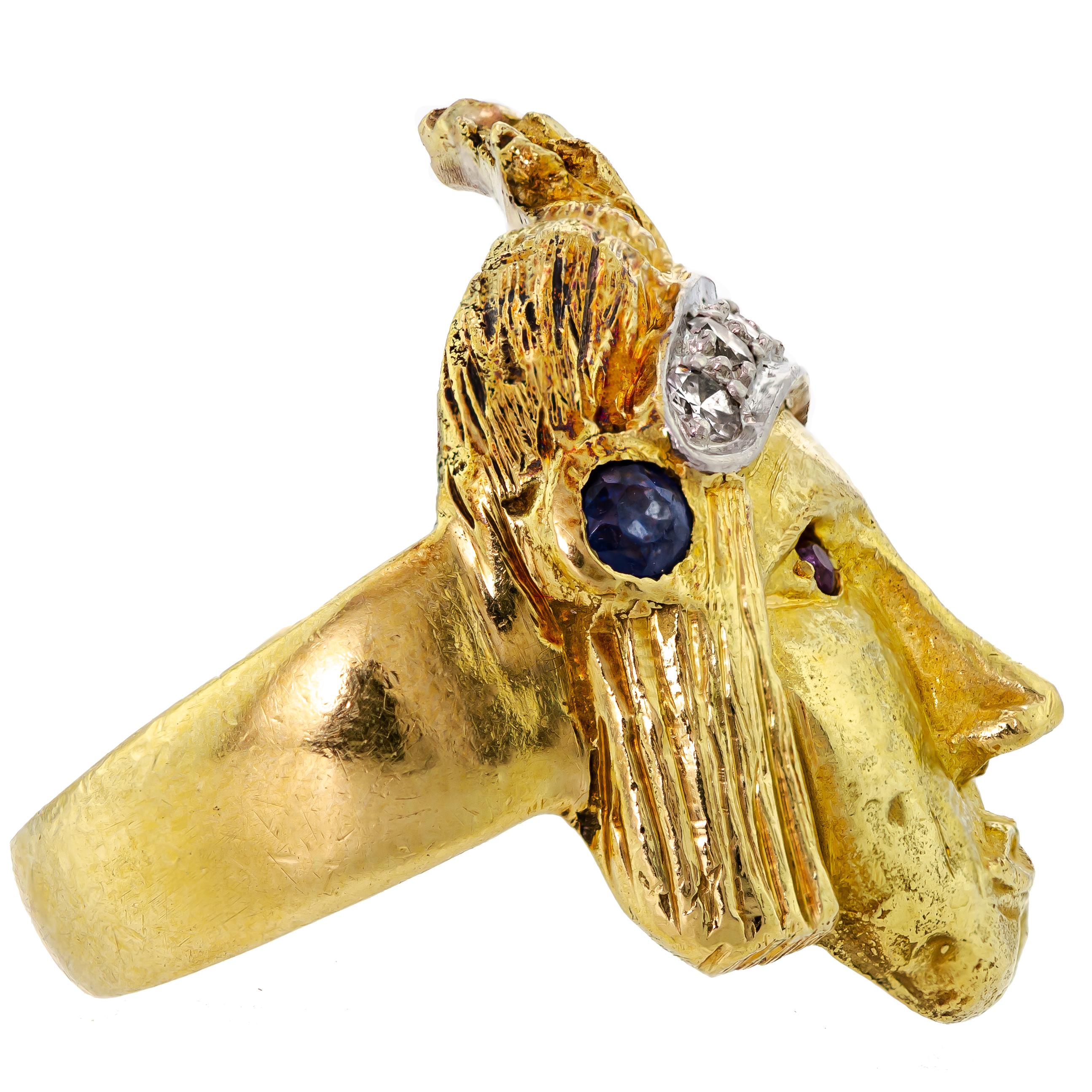 18-Karat, Ruby, Diamond and Sapphire Native American Head Ring In Good Condition For Sale In Wheaton, IL