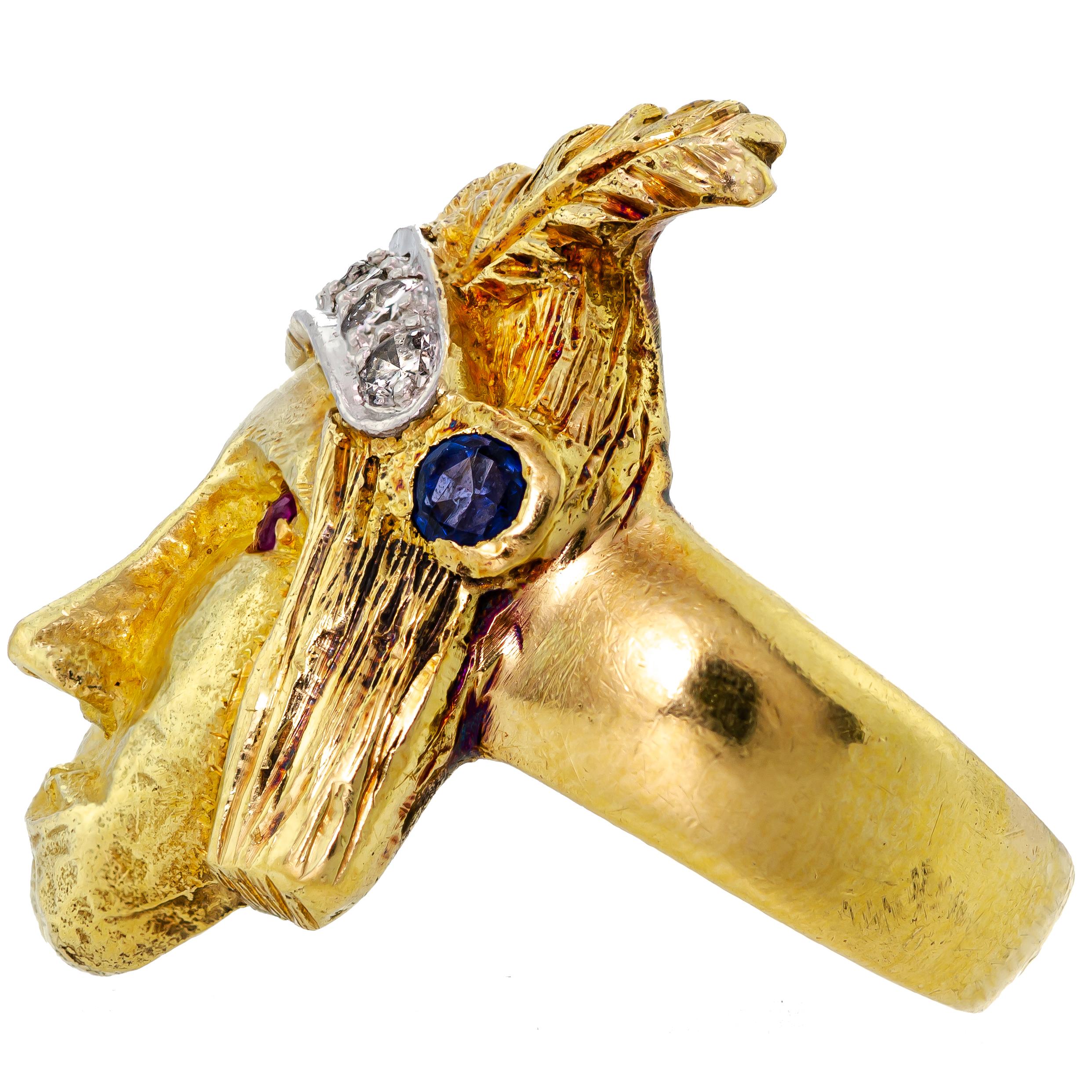 Women's or Men's 18-Karat, Ruby, Diamond and Sapphire Native American Head Ring For Sale