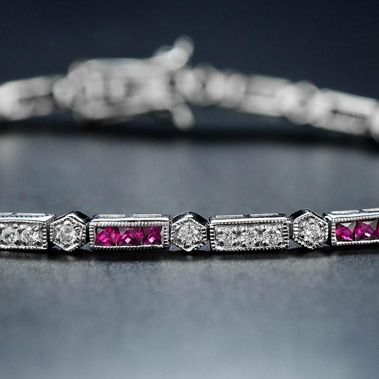 French Cut Ruby and Diamond Art Deco Style Link Bracelet in 18K White Gold For Sale