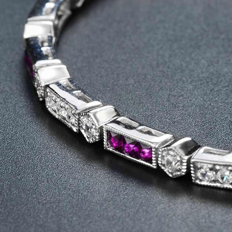 Ruby and Diamond Art Deco Style Link Bracelet in 18K White Gold In New Condition For Sale In Bangkok, TH