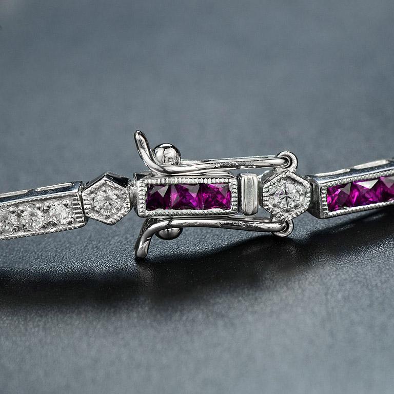 Ruby and Diamond Art Deco Style Link Bracelet in 18K White Gold For Sale 1