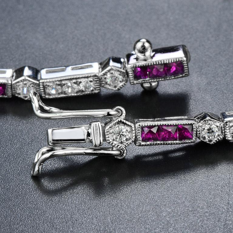 Ruby and Diamond Art Deco Style Link Bracelet in 18K White Gold For Sale 2