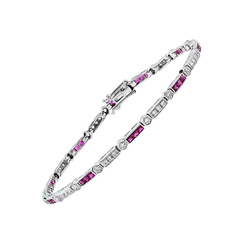 Ruby and Diamond Art Deco Style Link Bracelet in 18K White Gold