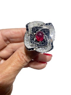 18 Karat Ruby & Diamond Large Flower Ring with Black Spinel 9 Carats