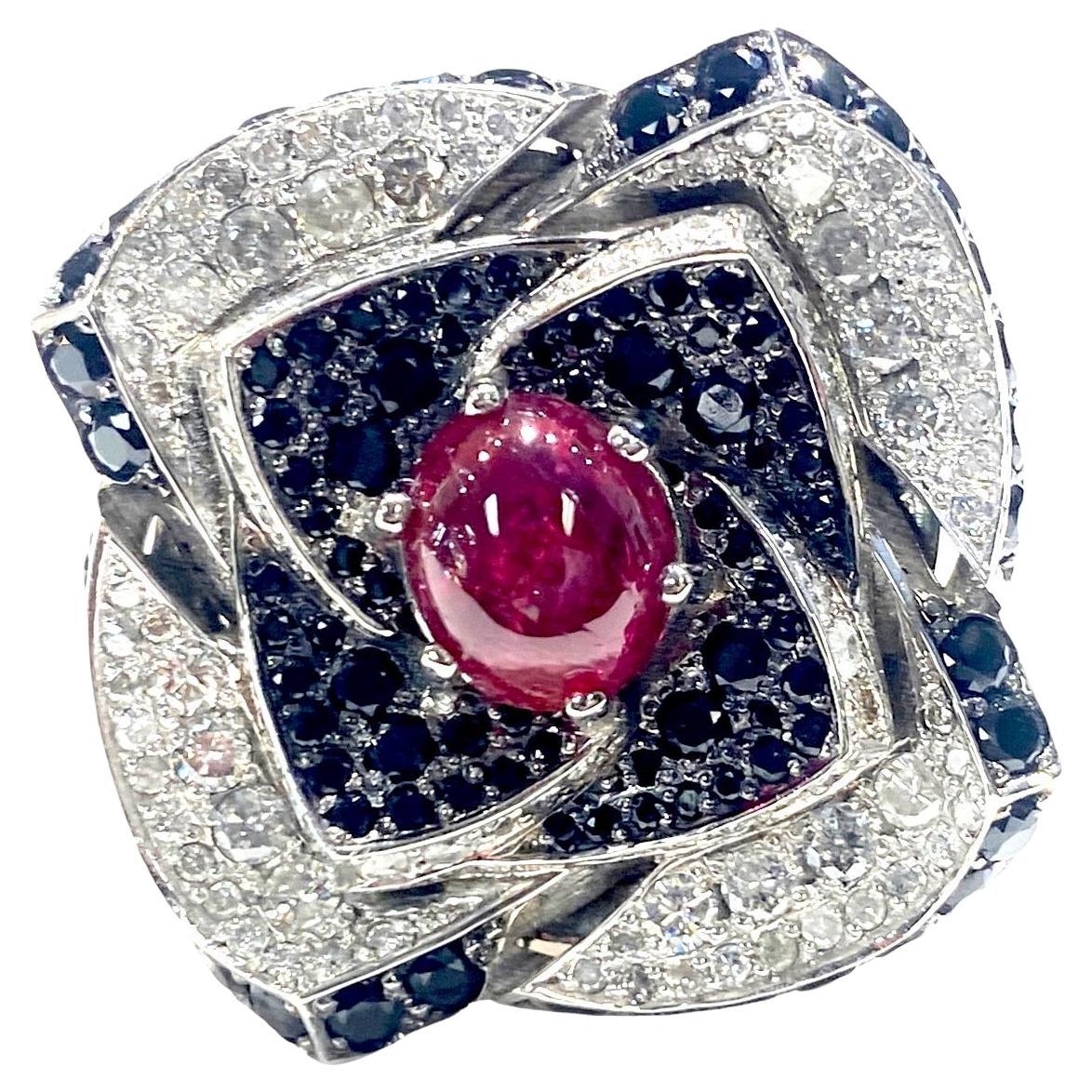 18 Karat Ruby & Diamond Large Flower Ring with Black Spinel 9 Carats For Sale