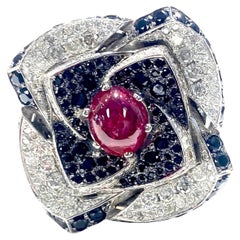 18 Karat Ruby & Diamond Large Flower Ring with Black Spinel 9 Carats