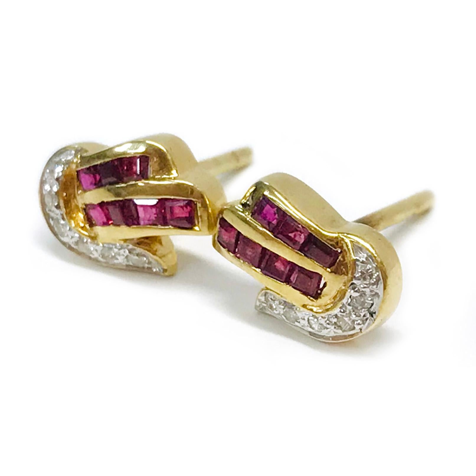 18 Karat Yellow Gold Ruby Diamond Stud Earrings. Each earring features seven princess-cut Rubies channel-set in two rows and six round melee diamonds pave-set in white gold. These petite yet striking earrings have a post and push back. The pair of