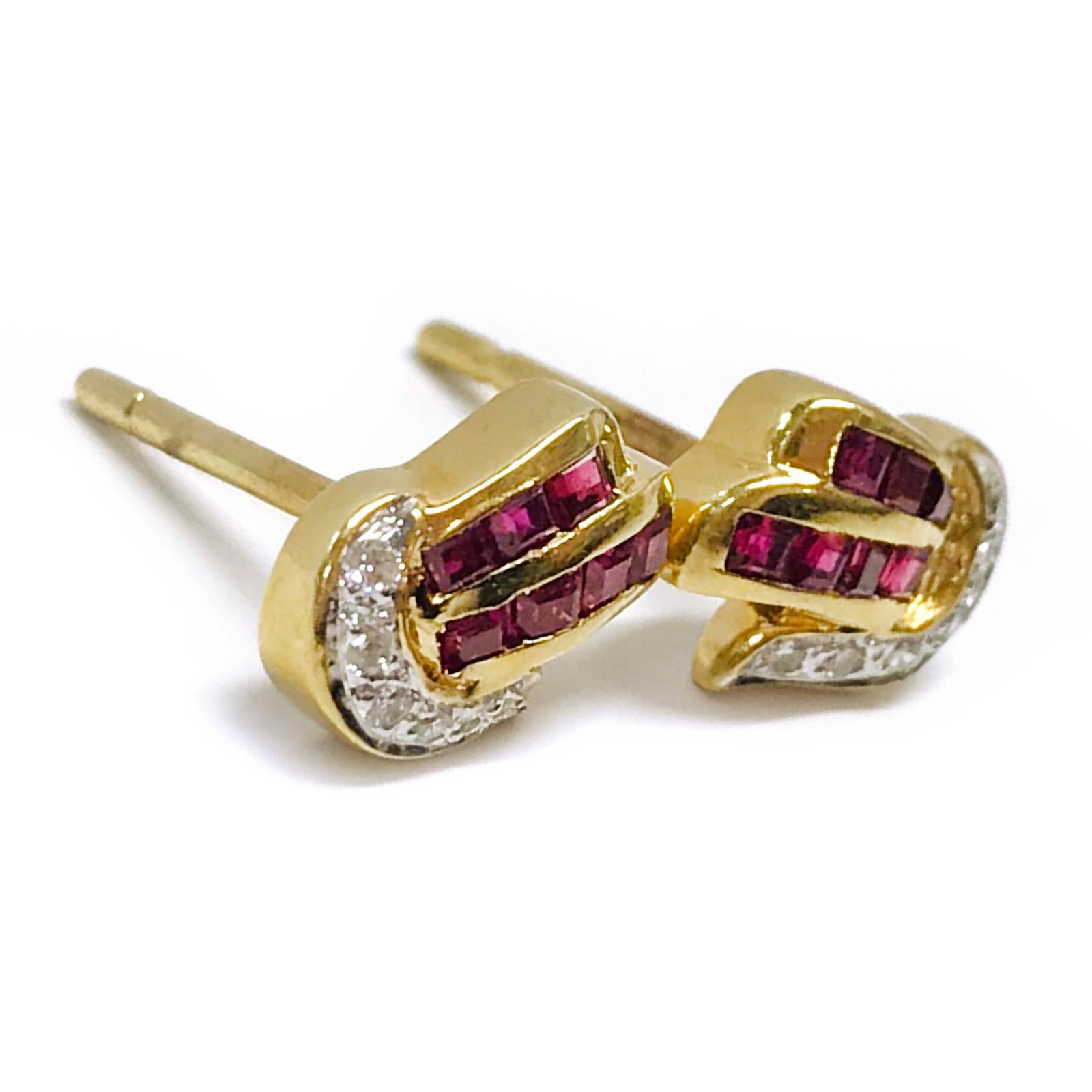 Contemporary Yellow Gold Ruby Diamond Stud Earrings For Sale
