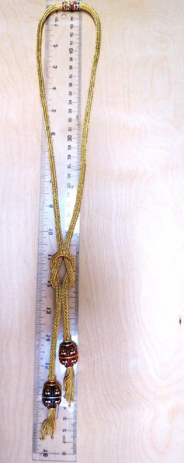 Sailor Knot Tight Endless Long Bolo Tassel Necklace

Intricate Intertwined Detail

Necklace:

24 Inches (wearable length)

6.25 inches center bolo dangle

Gorgeous enamel details.

18 X 24mm each enamel ball measurement (2).

18kt. yellow gold 

132
