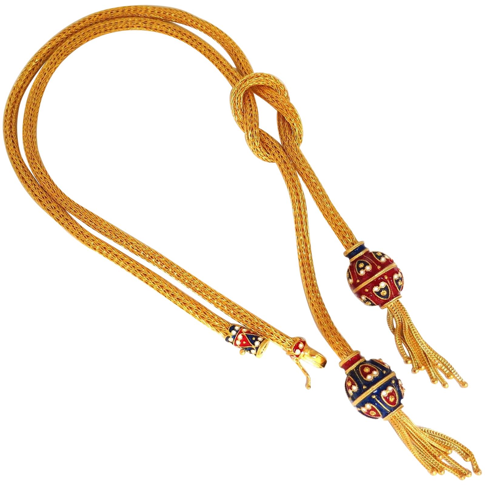 18 Karat Sailor's Knot Enameled Weave Necklace Long Bolo Tassel Deco 132 Grams For Sale