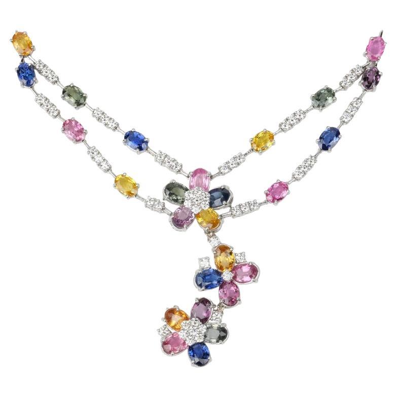 18 Karat Sapphire and 5.33 Carat Diamond Floral Necklace For Sale at ...