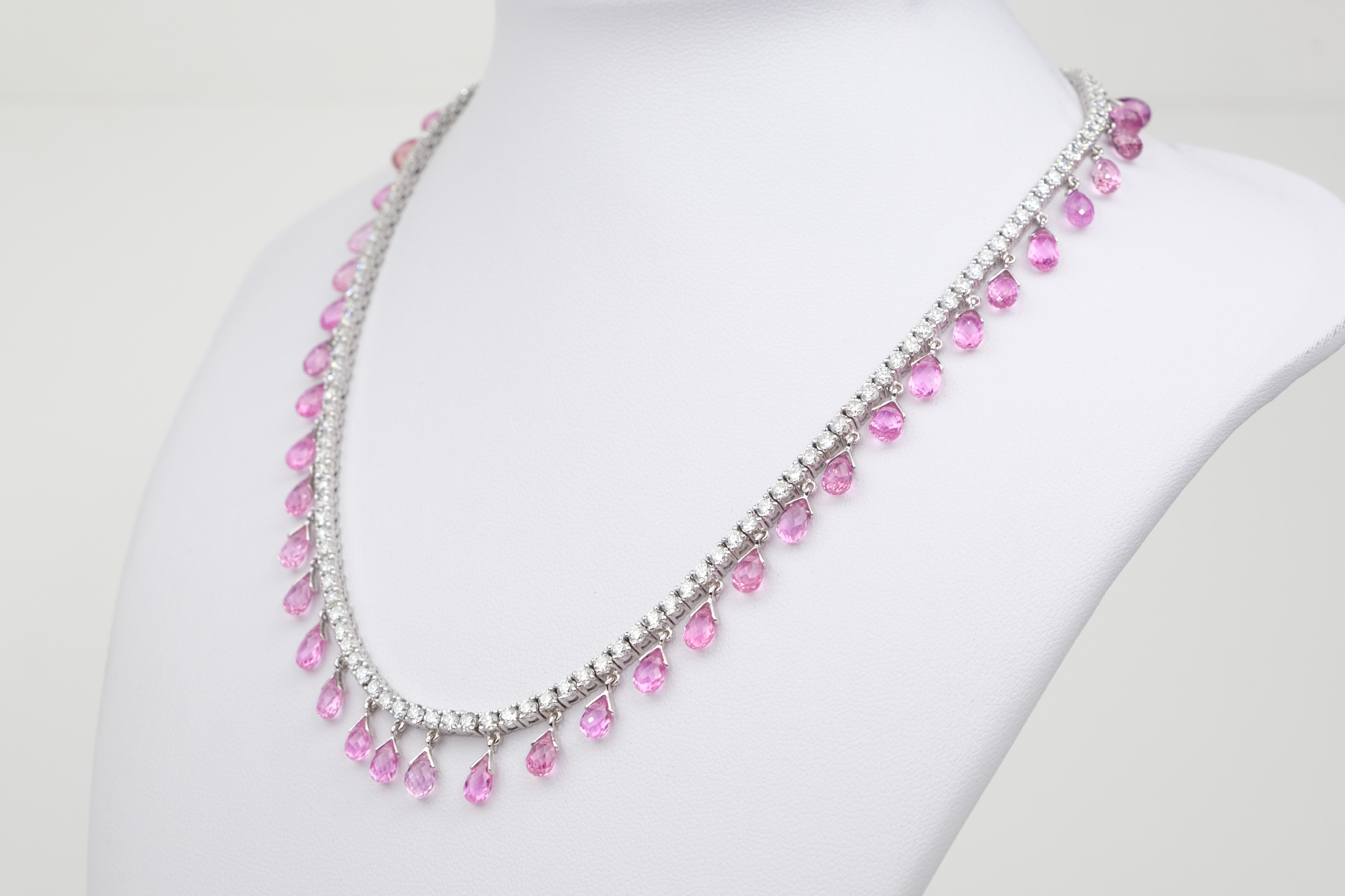 Briolette Cut 18 Karat Sapphire and 9.17 Carat Diamond Fringe Necklace For Sale