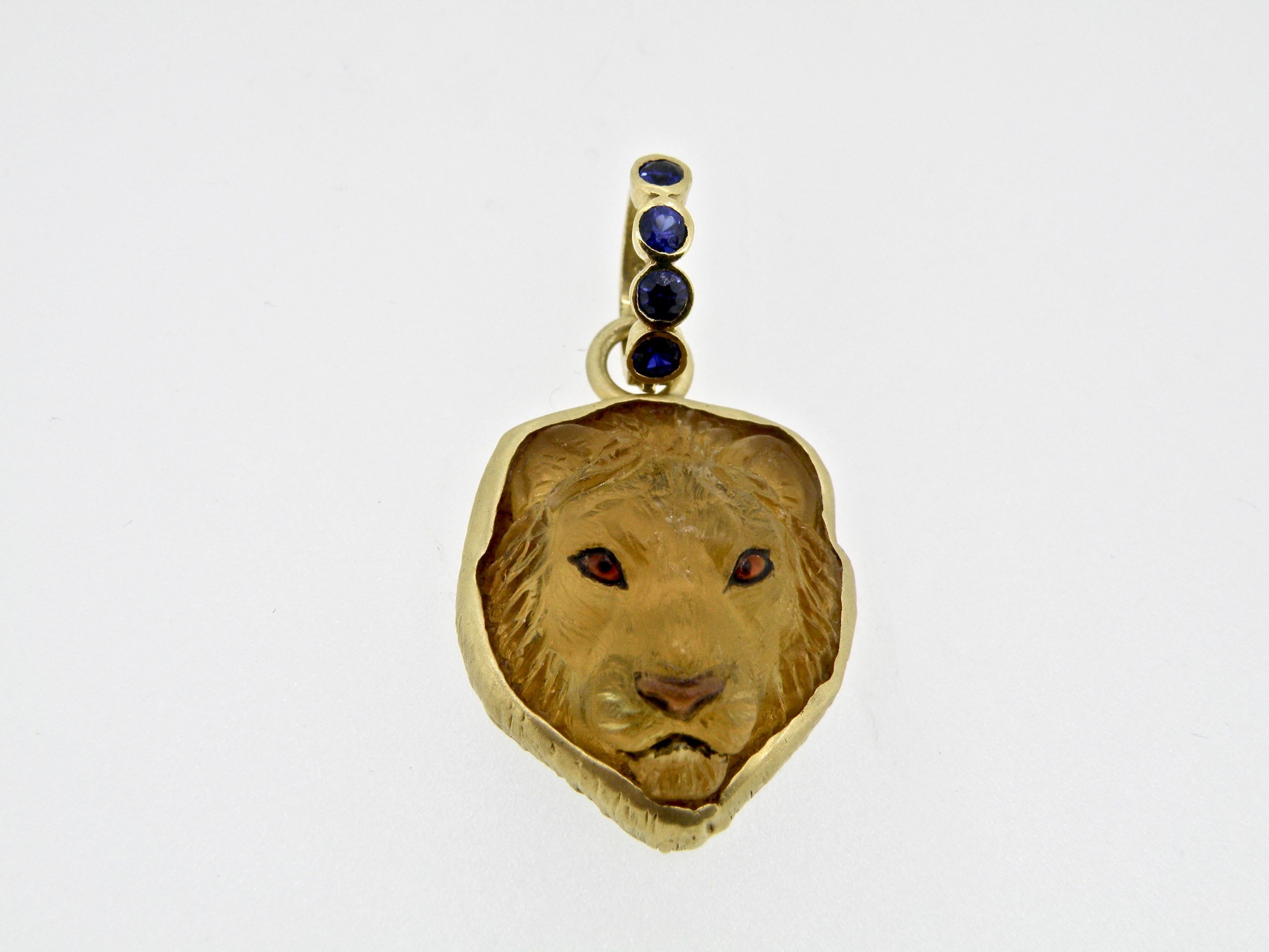 Modern 18 Karat Sapphire and Citrine Hand Carved Lionshead Pendant For Sale