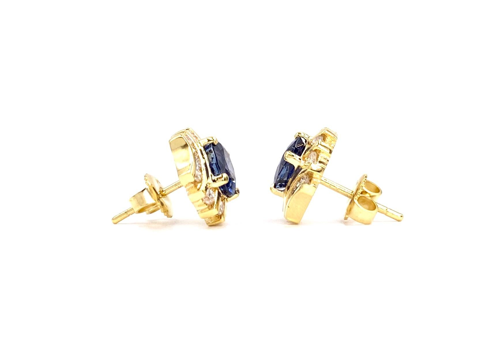 Oval Cut 18 Karat Sapphire and Diamond Button Stud Earrings For Sale