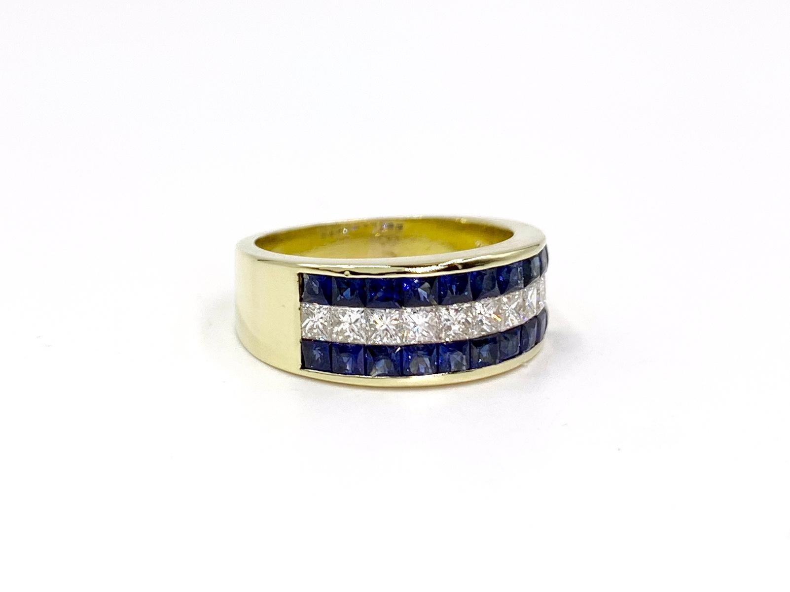 Sleek and simple invisibly set three row 18 karat yellow gold ring featuring approximately 2.25 carats of beautiful french cut square sapphires and approximately 1.20 carats of bright white princess cut diamonds. Sapphires are rich in color with