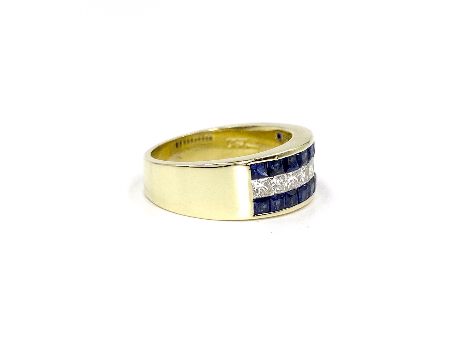 Contemporary 18 Karat Sapphire and Diamond Invisibly Set Ring For Sale