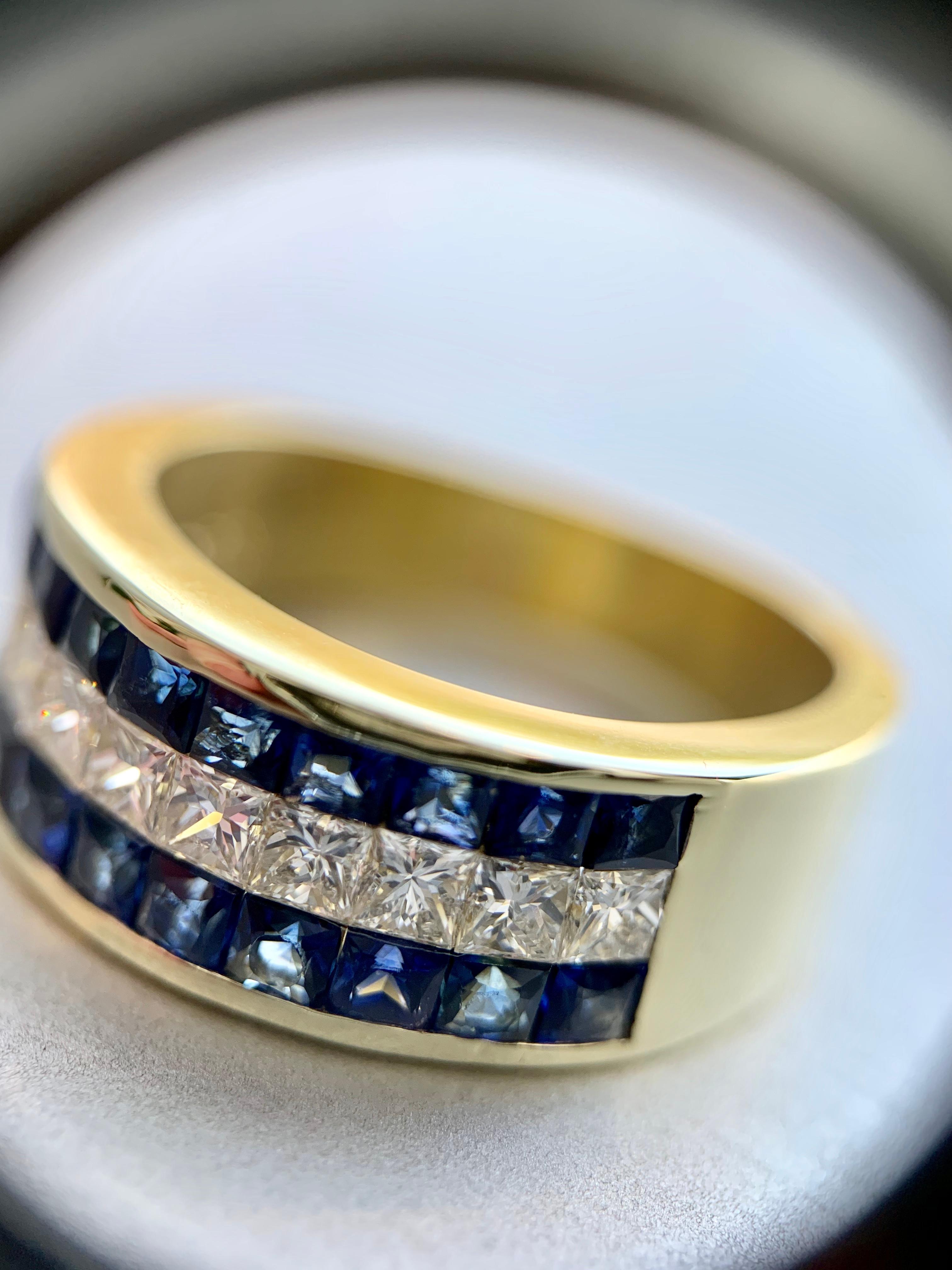 18 Karat Sapphire and Diamond Invisibly Set Ring For Sale 4