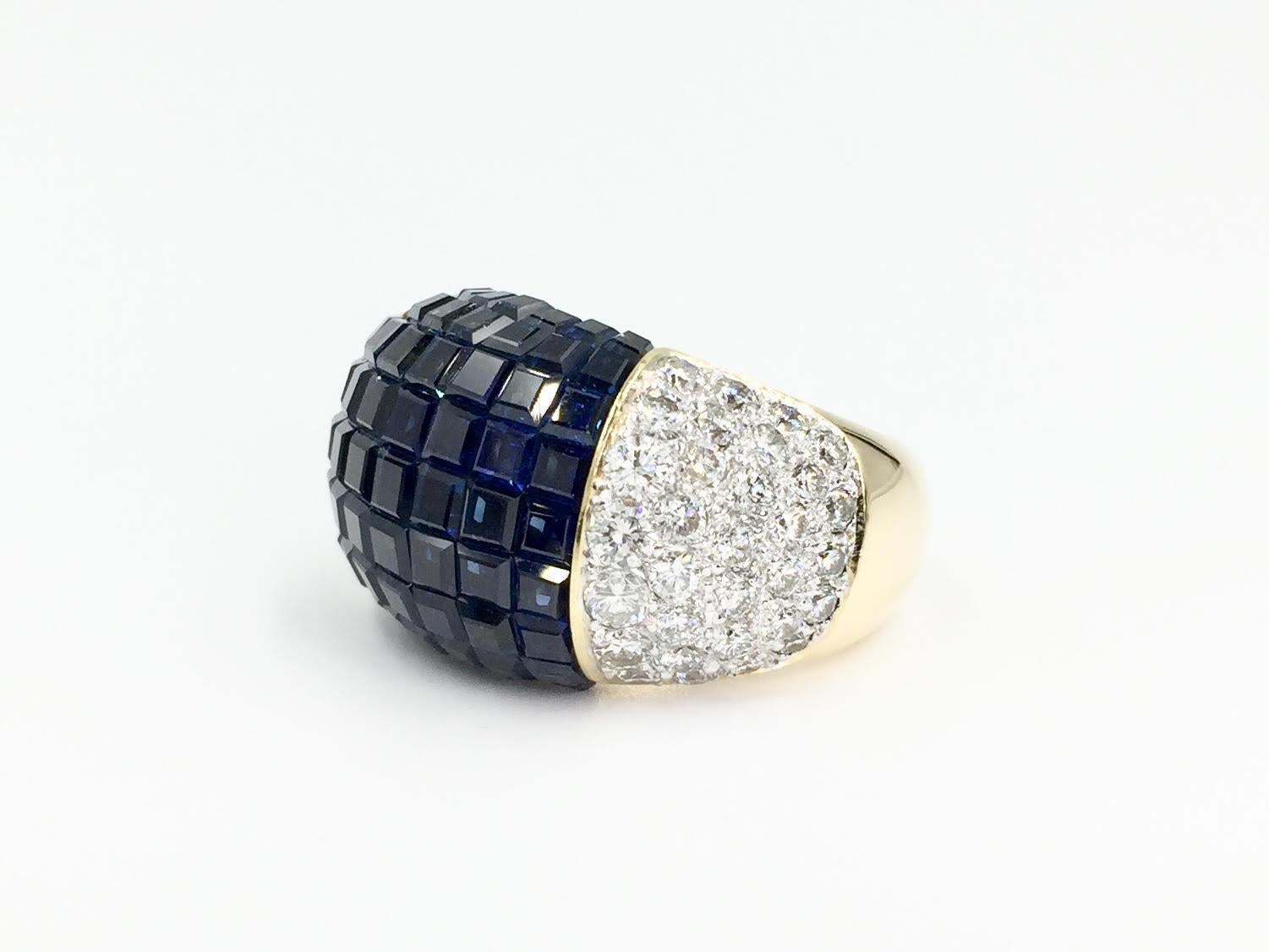 Princess Cut 18 Karat Sapphire and Diamond Wide Cocktail Ring For Sale