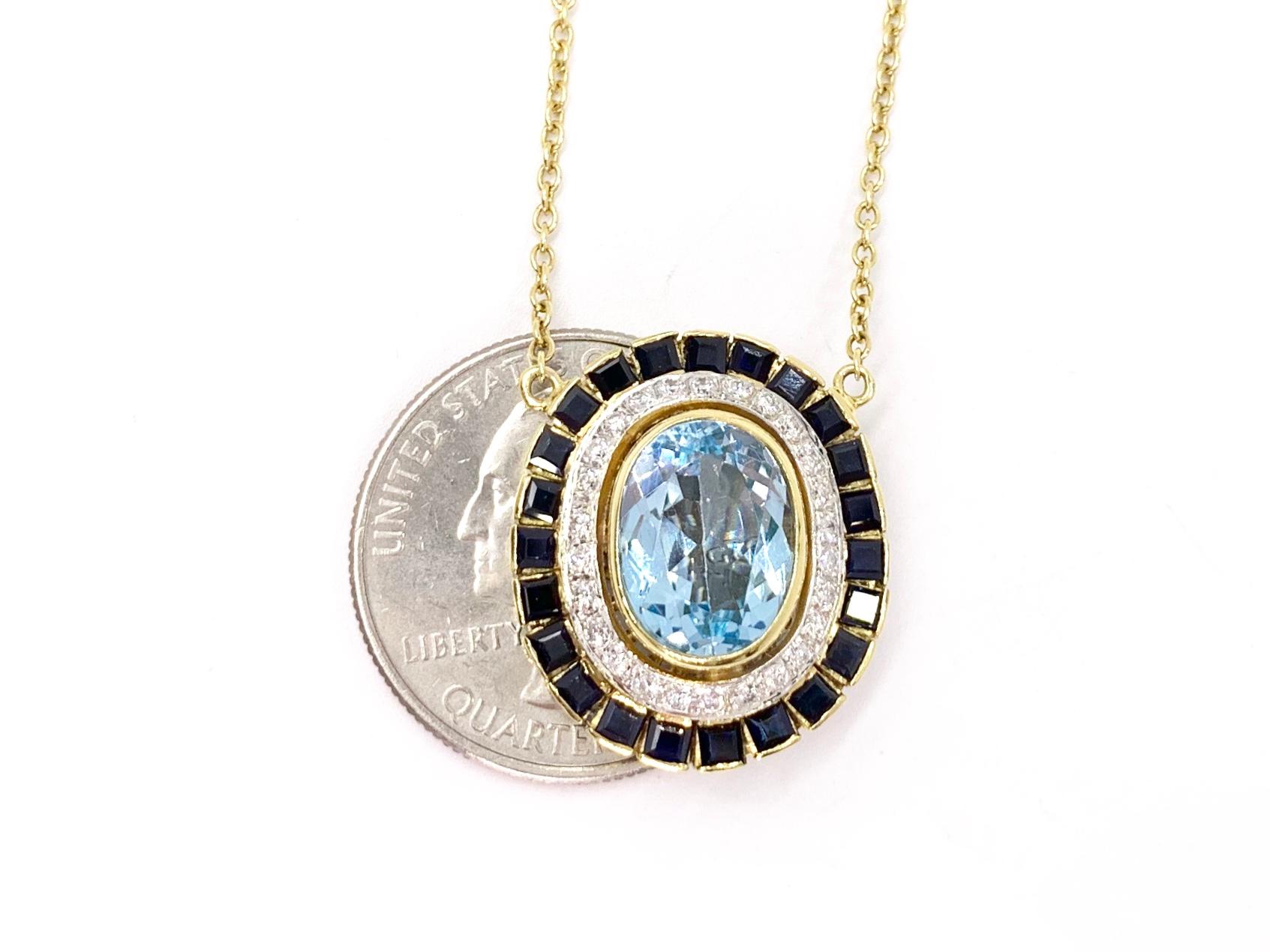 Oval Cut 18 Karat Sapphire, Blue Topaz and Diamond Oval Necklace For Sale