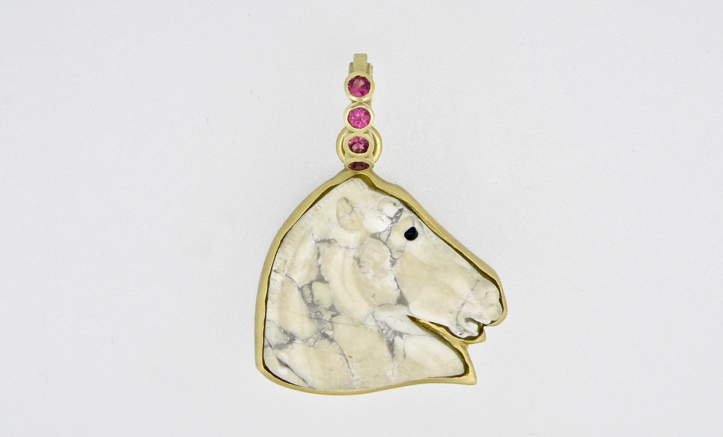 18 karat Carved Howlite Horsehead from Master Carver in Idar Oberstein with Pink Sapphire Bail
