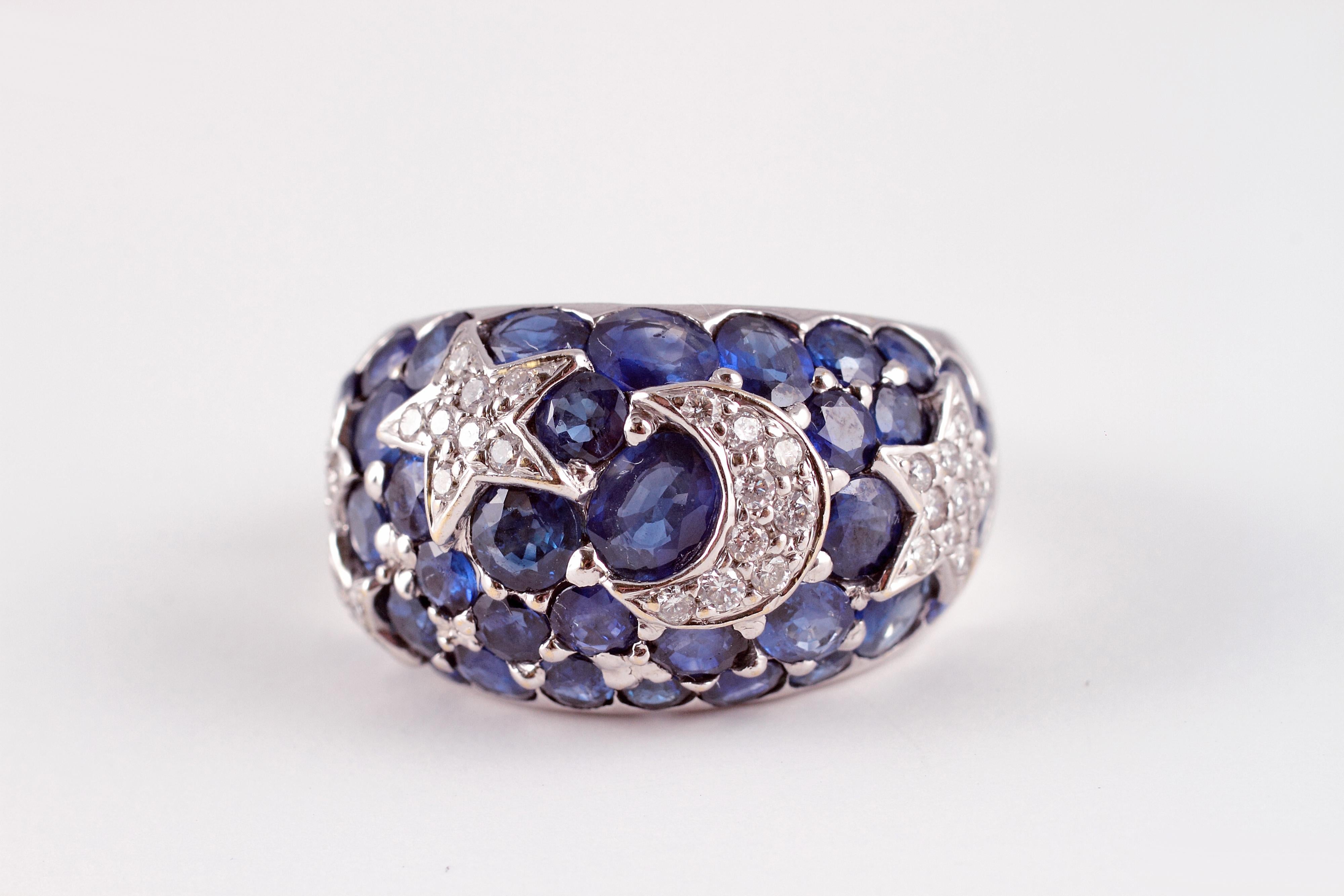 18 Karat Sapphire Diamond Moon and Stars Ring by Kanaris In Good Condition In Dallas, TX