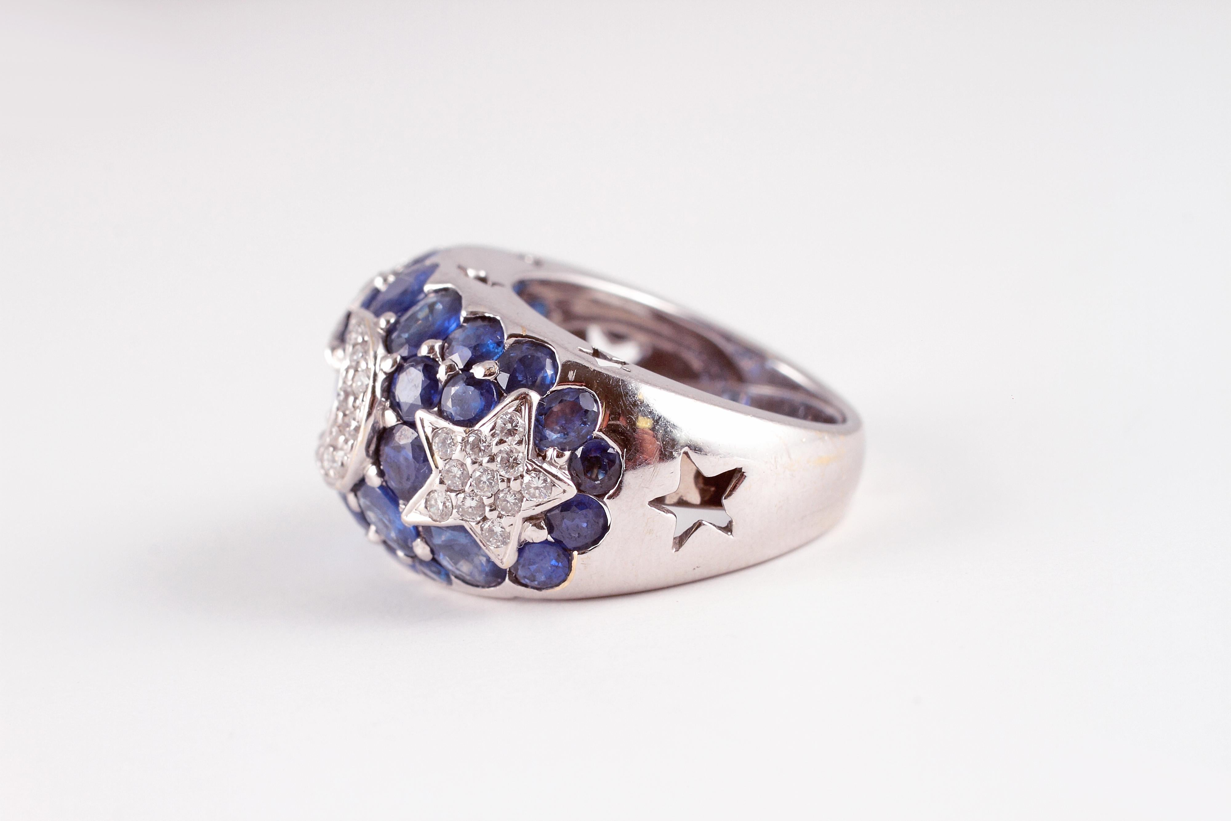 Women's or Men's 18 Karat Sapphire Diamond Moon and Stars Ring by Kanaris