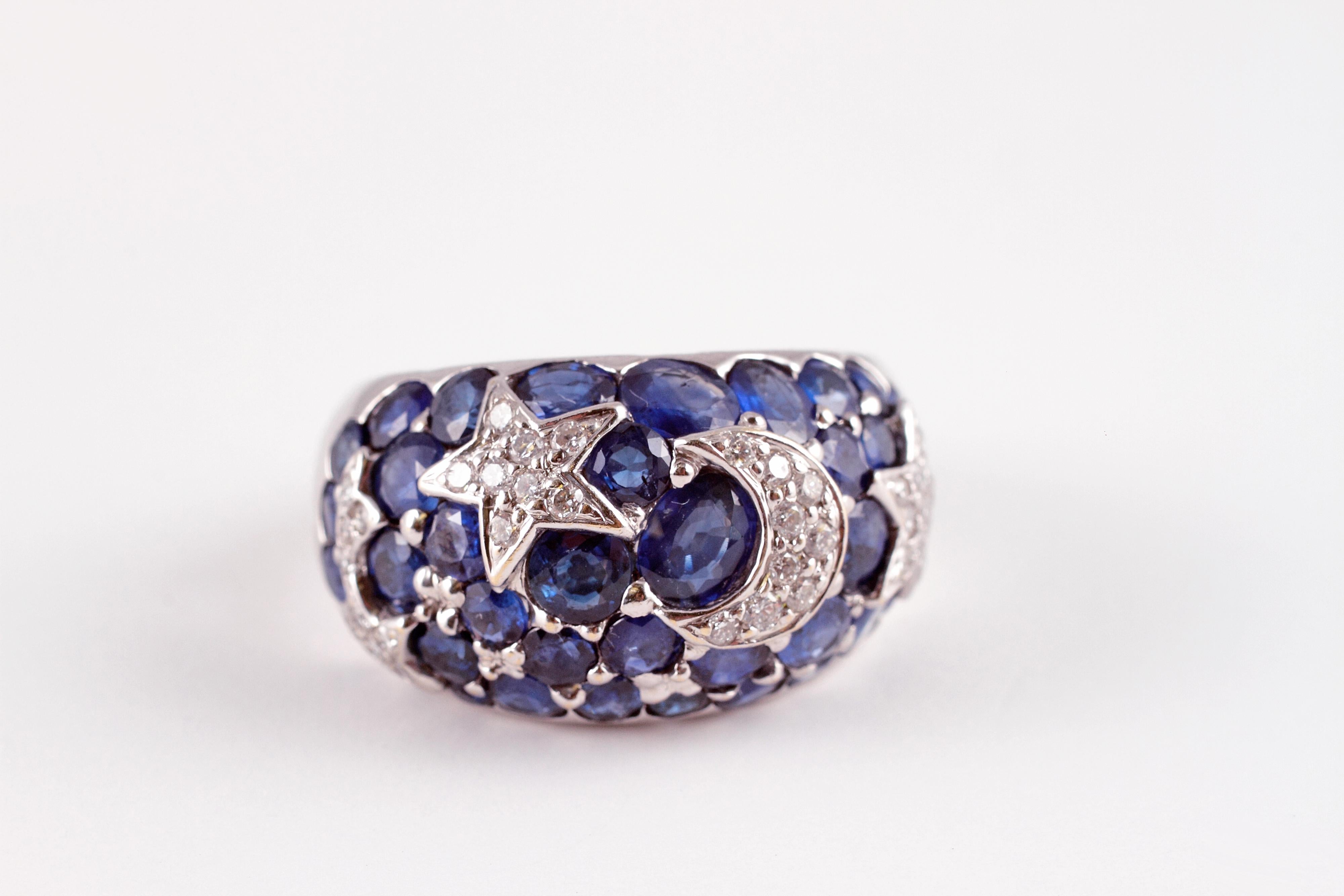 18 Karat Sapphire Diamond Moon and Stars Ring by Kanaris 3