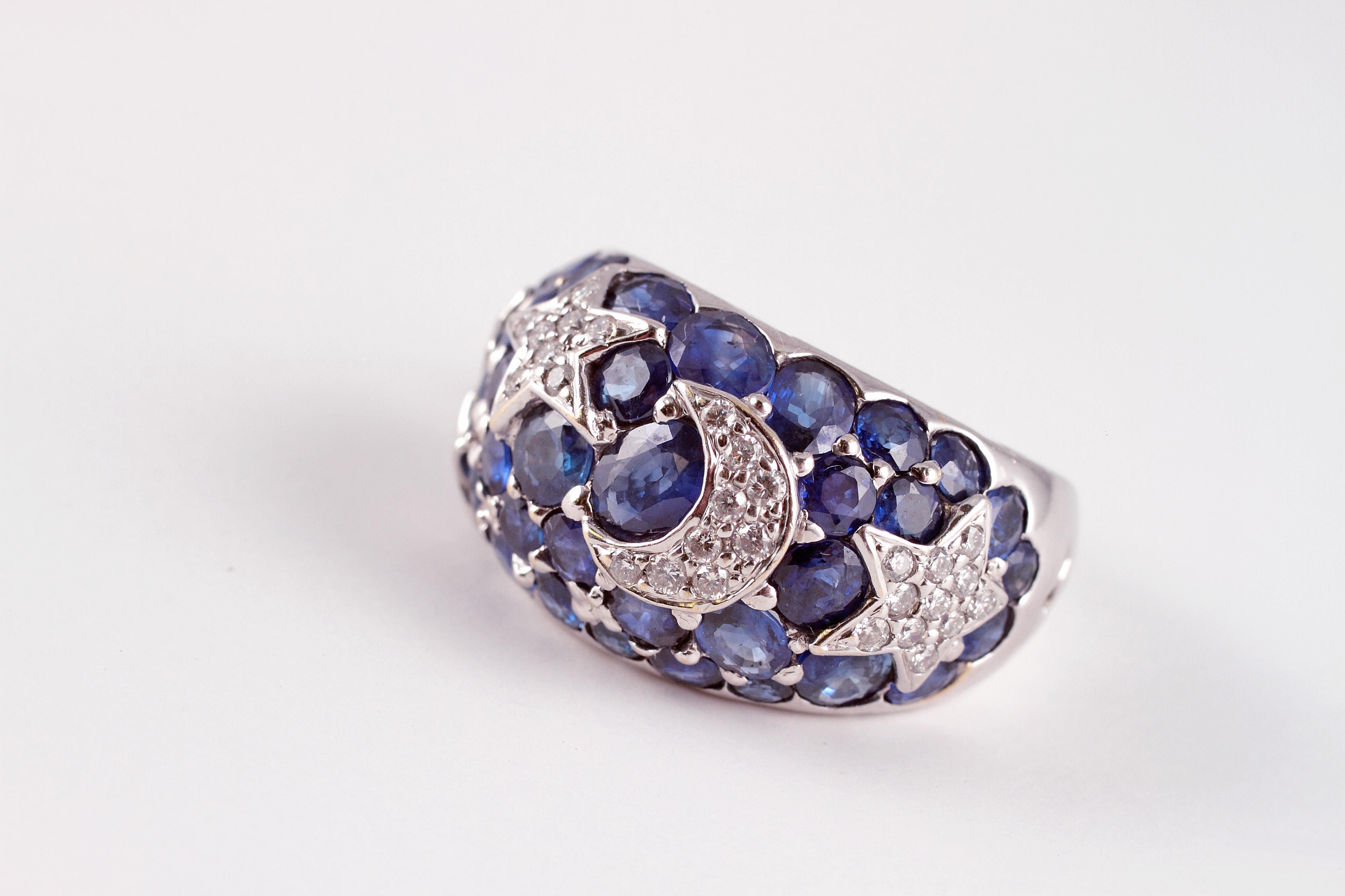 18 Karat Sapphire Diamond Moon and Stars Ring by Kanaris 4