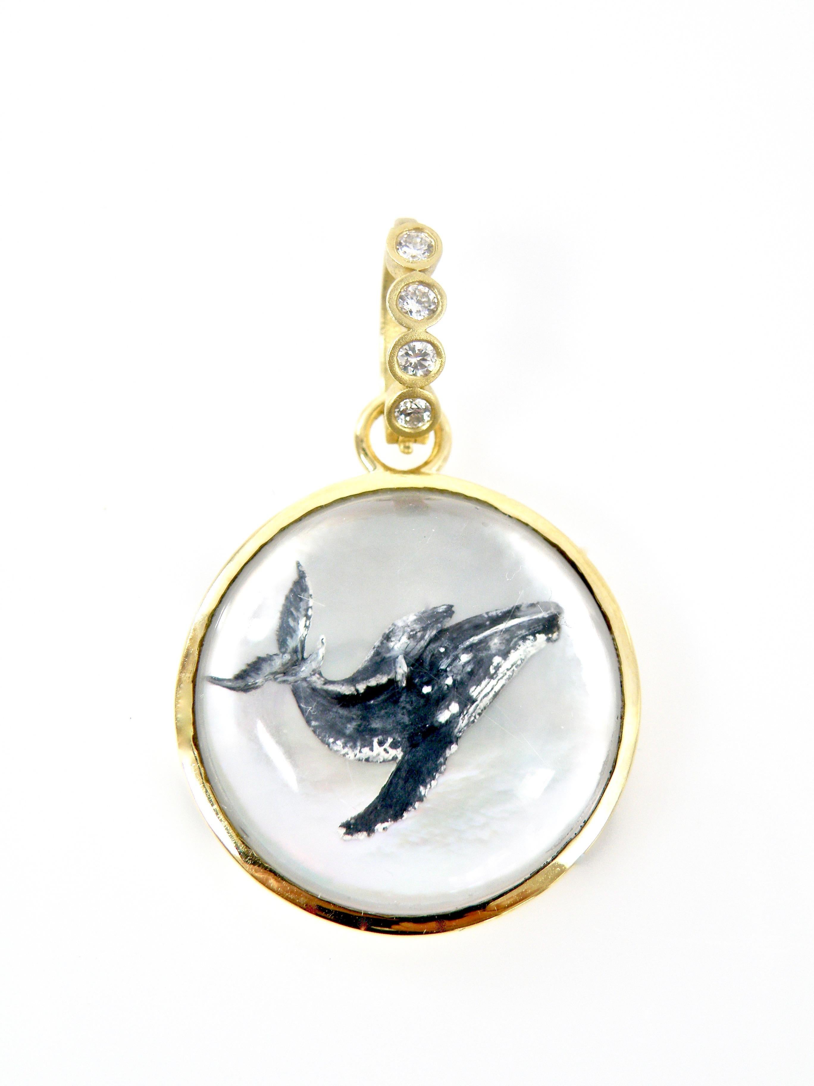 Modern 18 Karat Sapphire Reverse Crystal Carving of a Whale Family Pendant in 18 Karat For Sale
