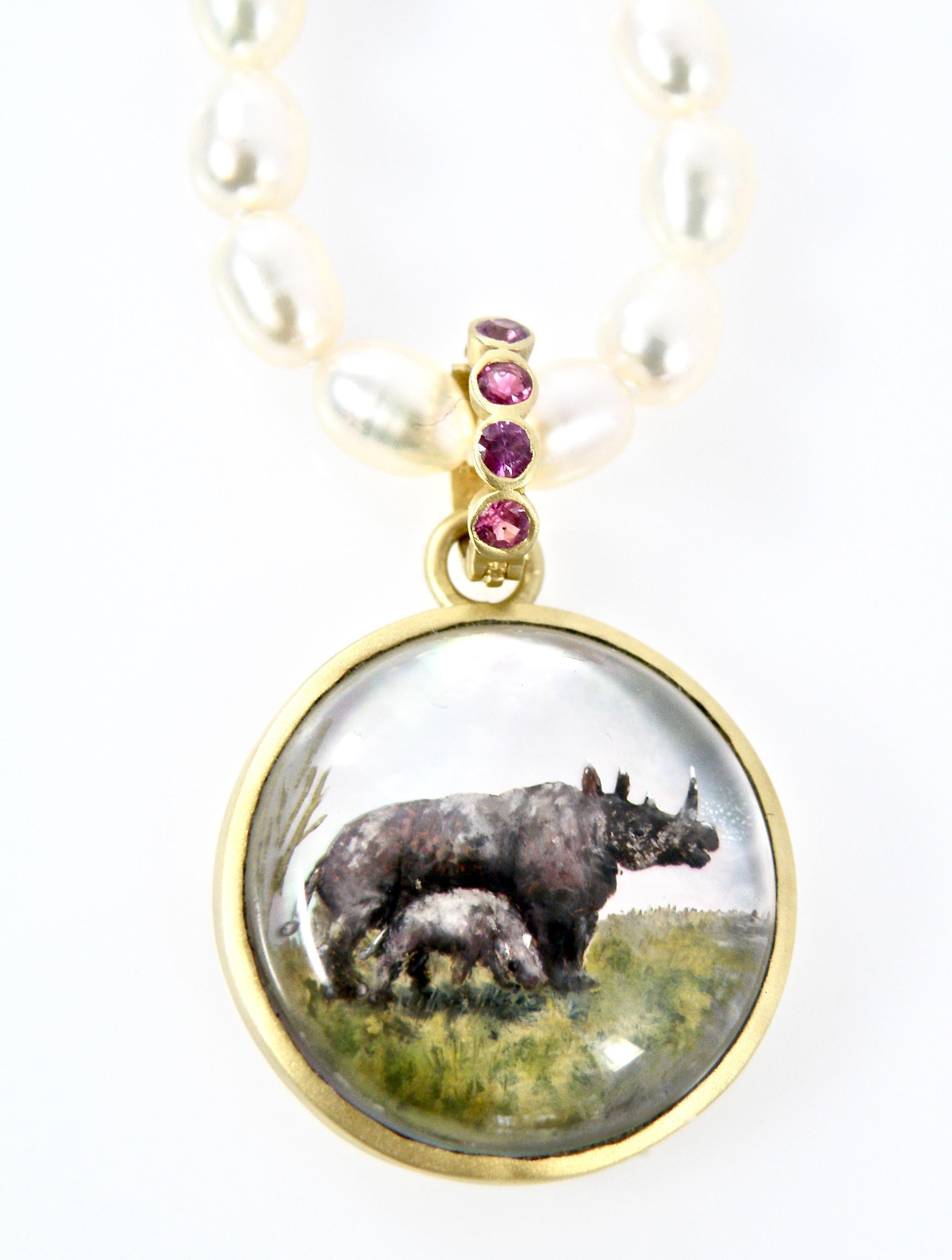 18 Karat Sapphire Reverse Crystal Carving of Rhinocerous Family Pendant In New Condition For Sale In Cohasset, MA