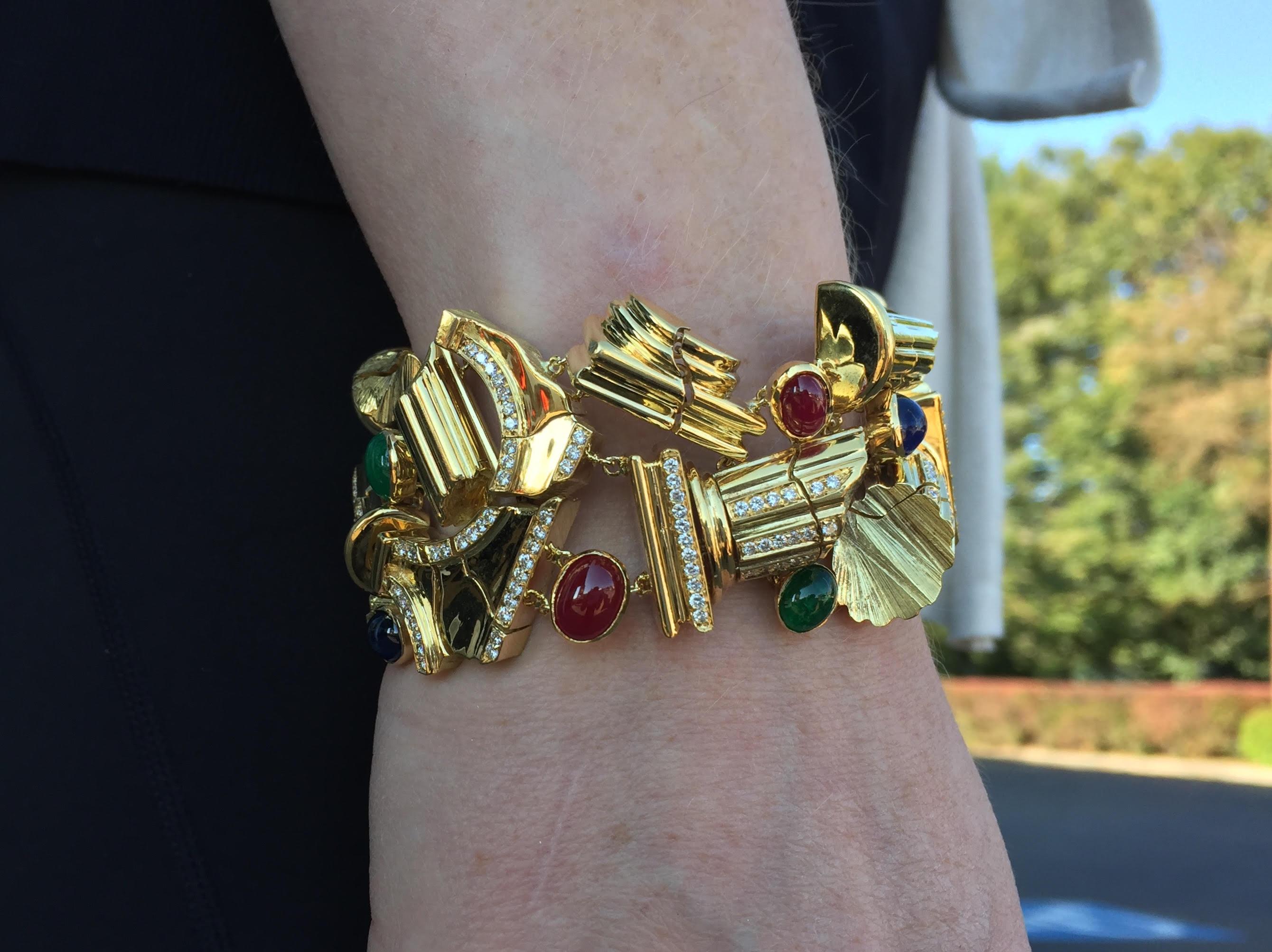 18 Karat Sapphire, Ruby, Emerald and Diamond Roman Column Bracelet 4