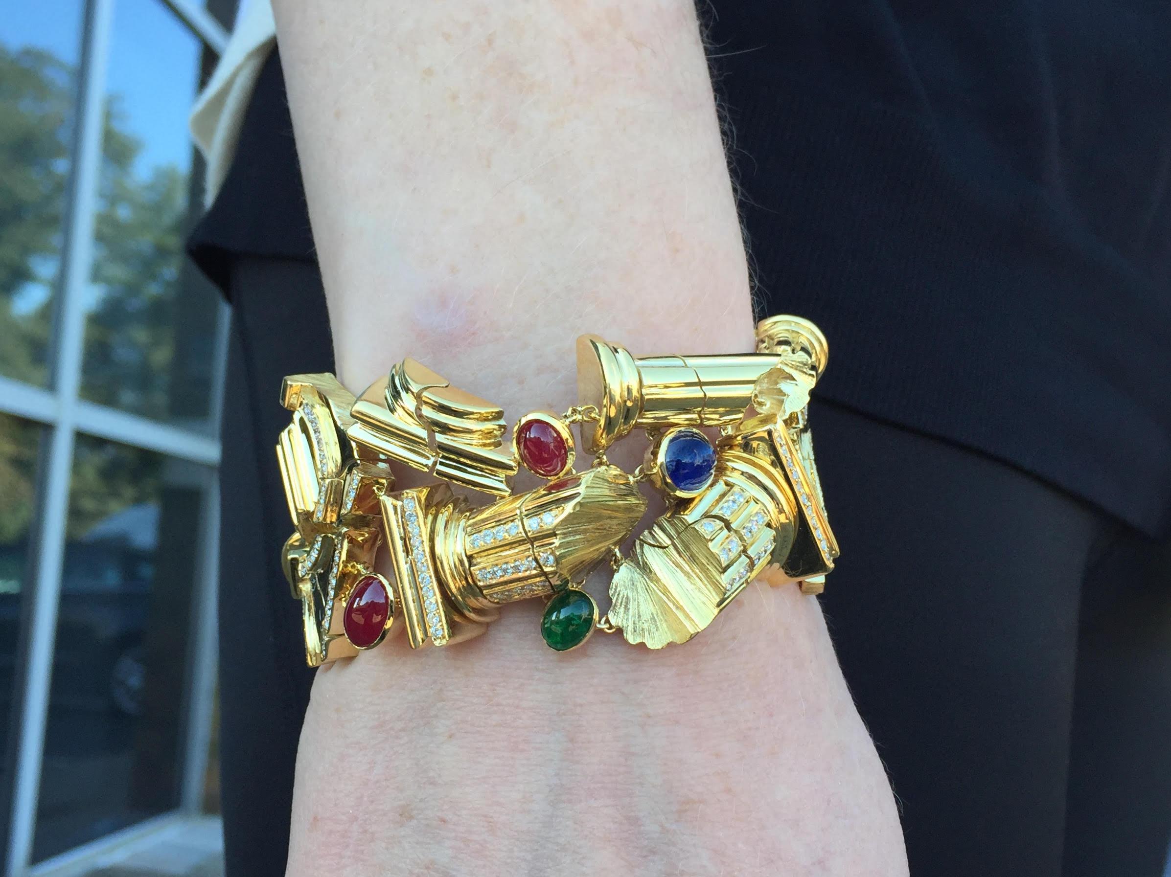 18 Karat Sapphire, Ruby, Emerald and Diamond Roman Column Bracelet 5