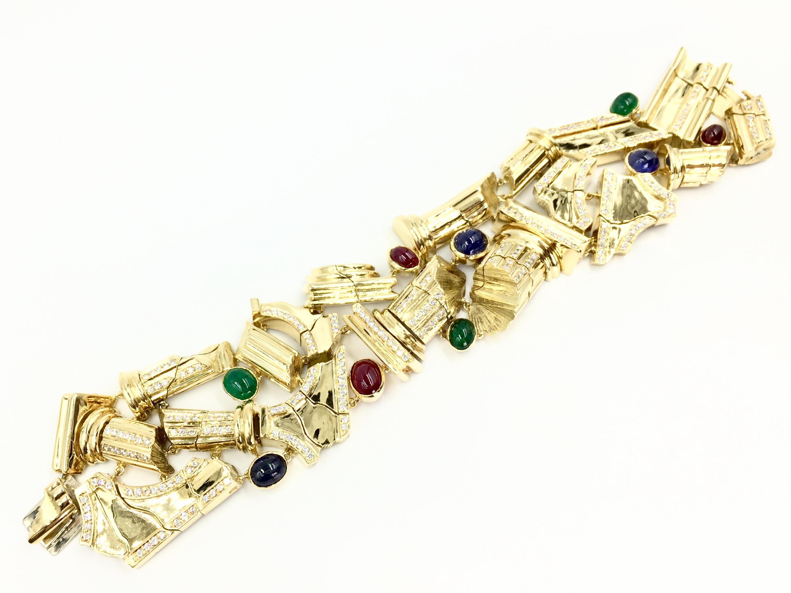 Greek Revival 18 Karat Sapphire, Ruby, Emerald and Diamond Roman Column Bracelet