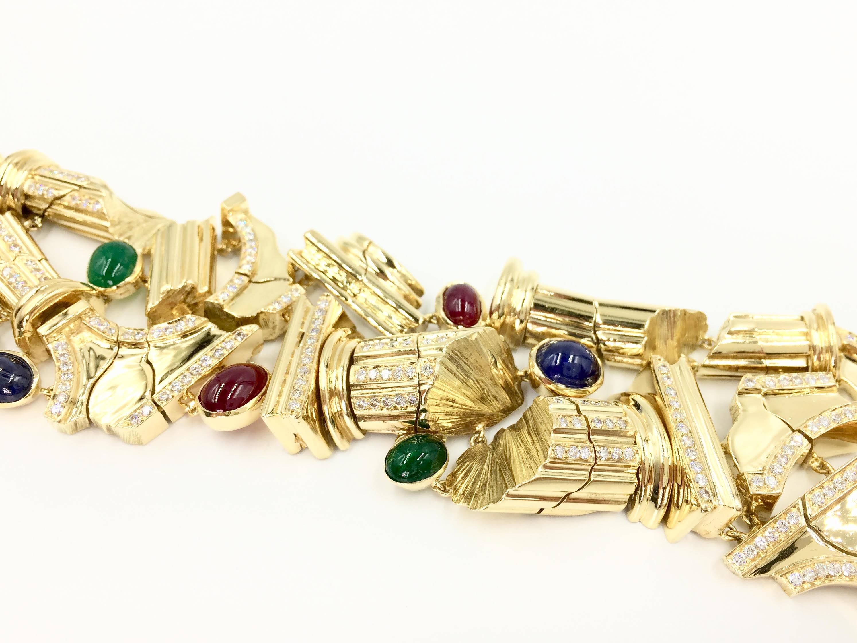 Oval Cut 18 Karat Sapphire, Ruby, Emerald and Diamond Roman Column Bracelet