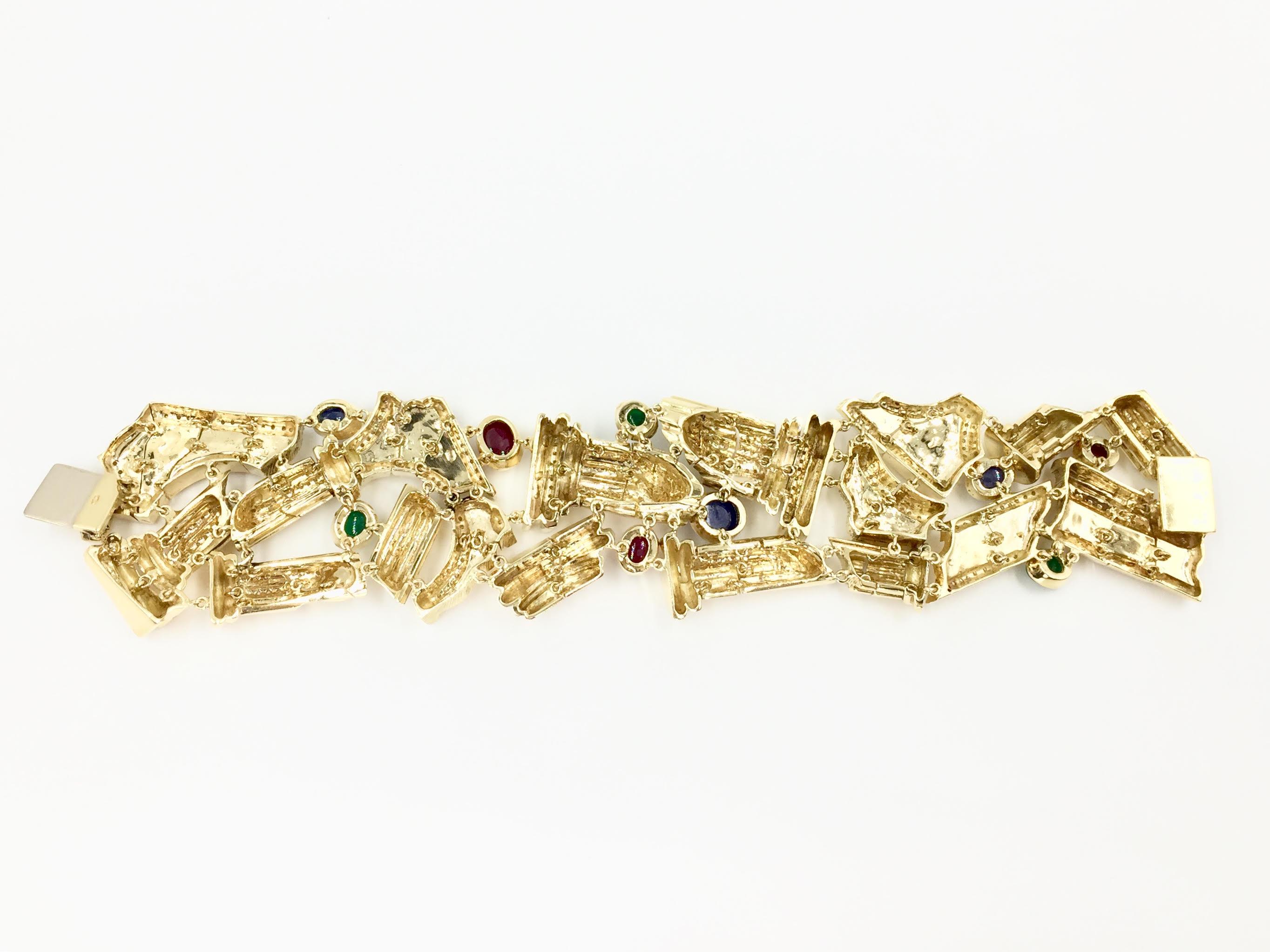 18 Karat Sapphire, Ruby, Emerald and Diamond Roman Column Bracelet In Good Condition In Pikesville, MD