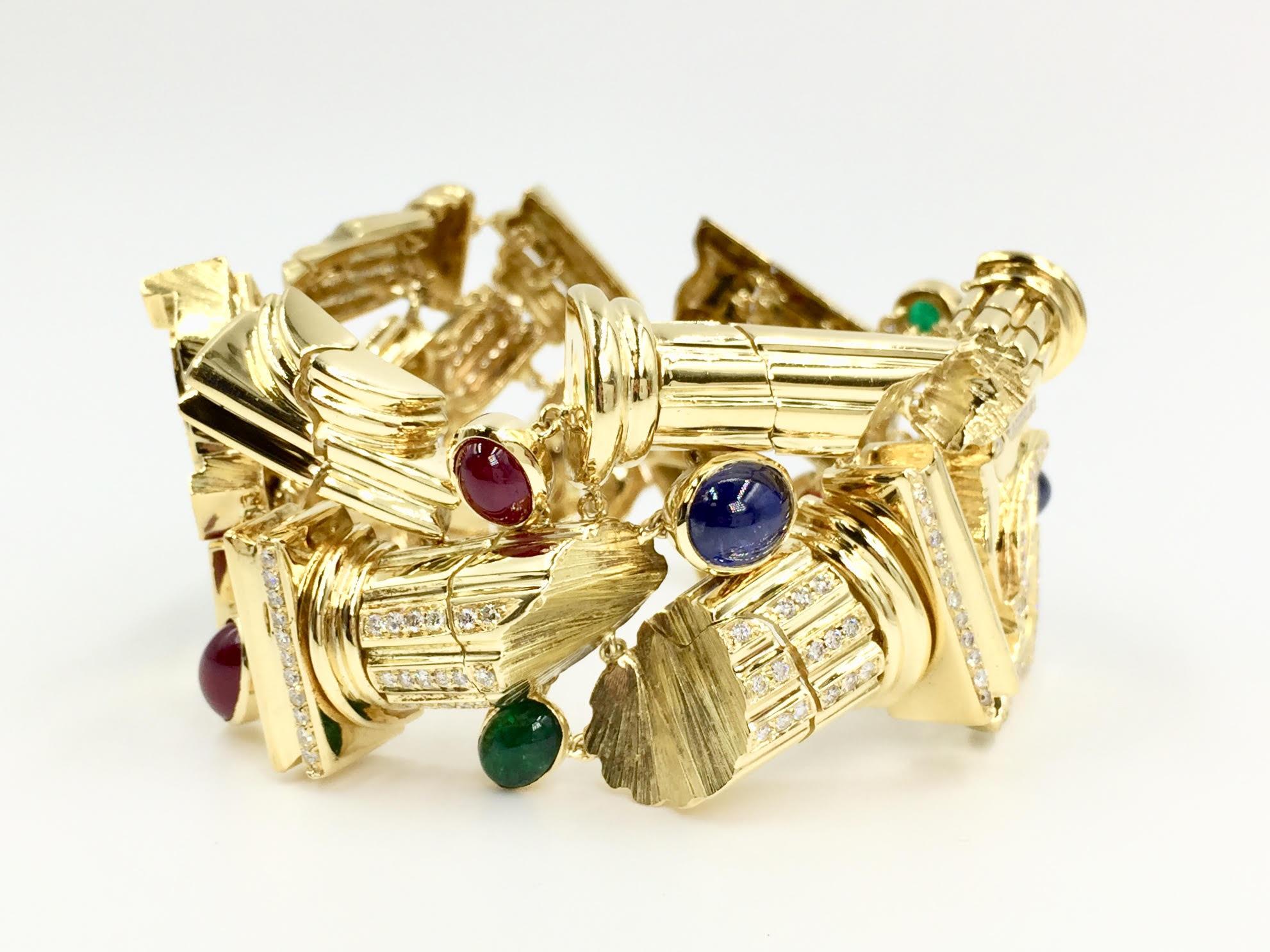 Women's 18 Karat Sapphire, Ruby, Emerald and Diamond Roman Column Bracelet