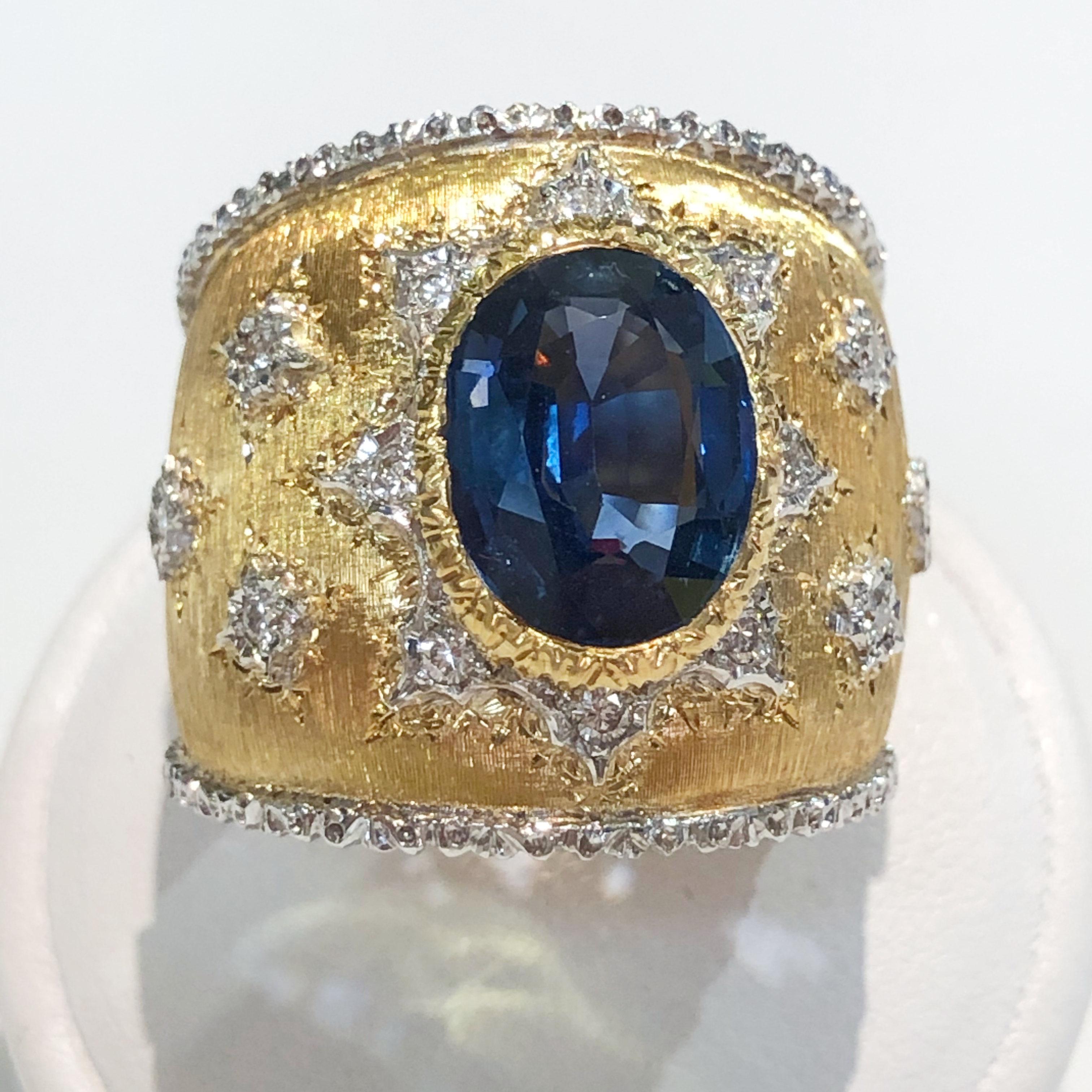 Vintage ring with 18 karat satin yellow gold band, one center sapphire of 4.5 karats and brilliant diamonds, Italy 1960s-1970s
Ring size US 9