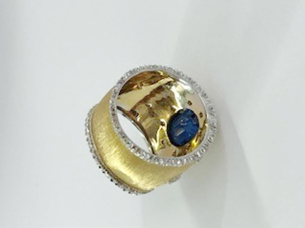 18 Karat Satin Yellow Gold Diamond and Sapphire Ring 1