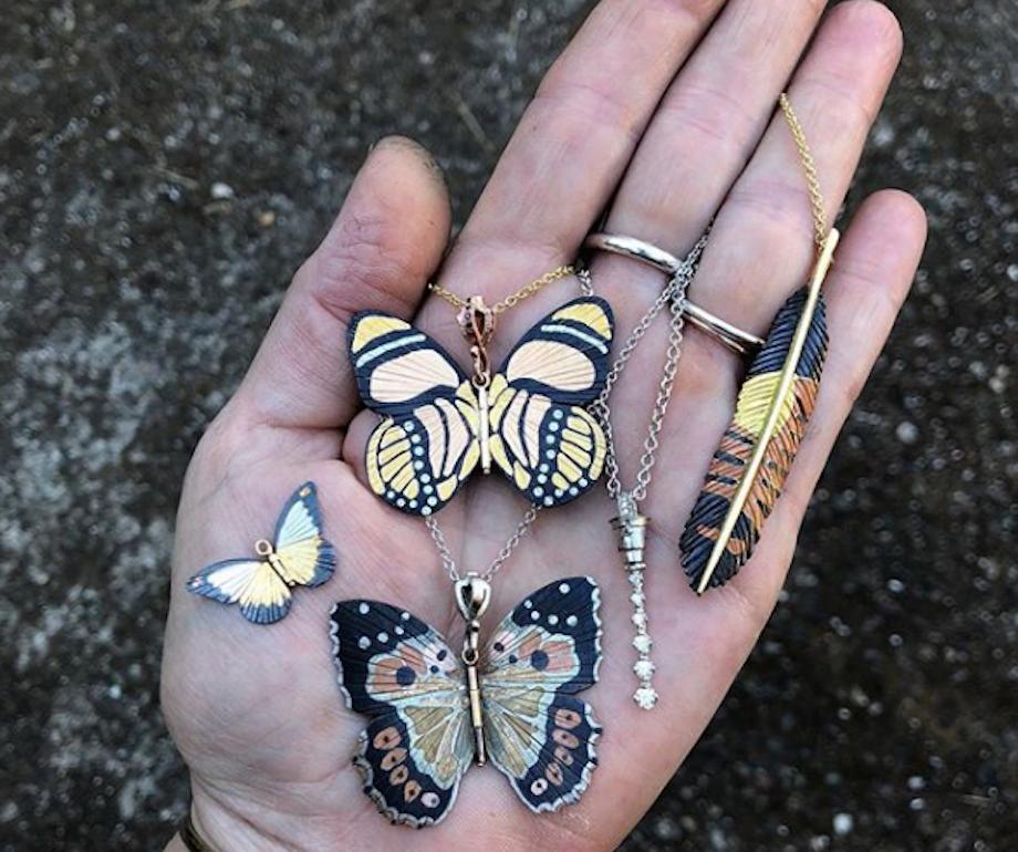Women's or Men's 18 Karat Shakudo Callicore Butterfly Hinge Necklace For Sale