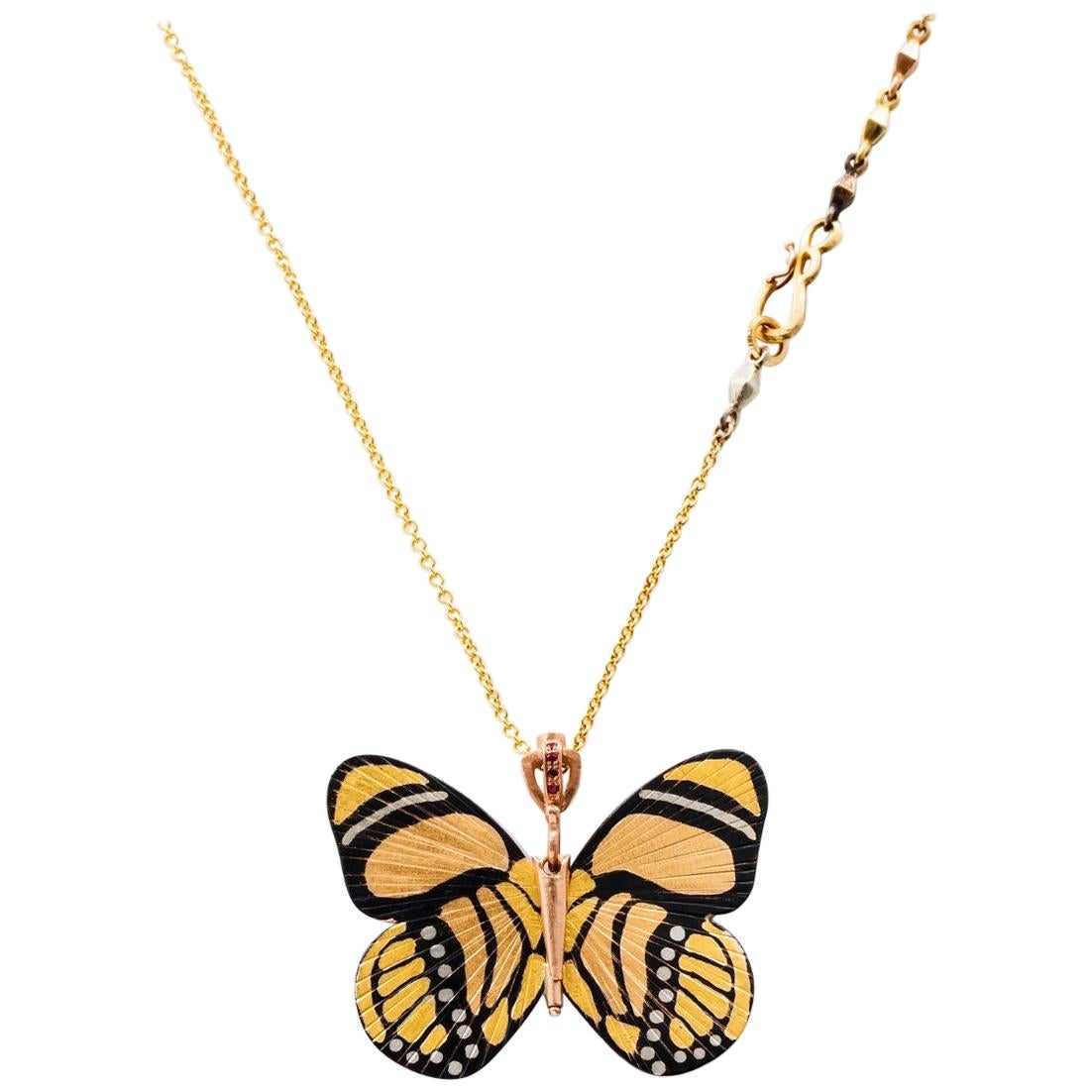 18 Karat Shakudo Callicore Butterfly Hinge Necklace For Sale