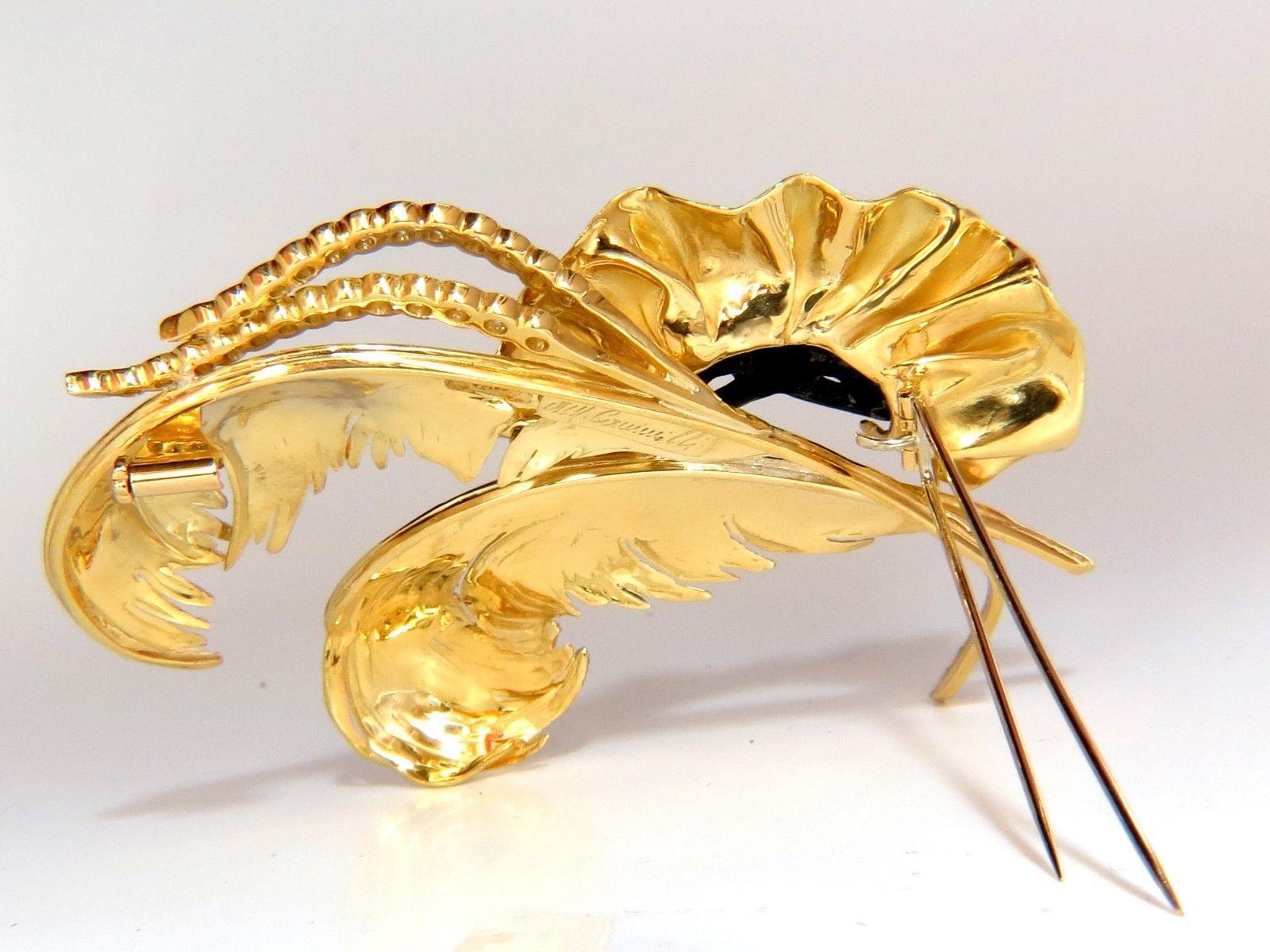18 Karat Signed 1.00 Carat Diamonds Theater Eye Mask Feather Peacock Deco Brooch In Excellent Condition For Sale In New York, NY