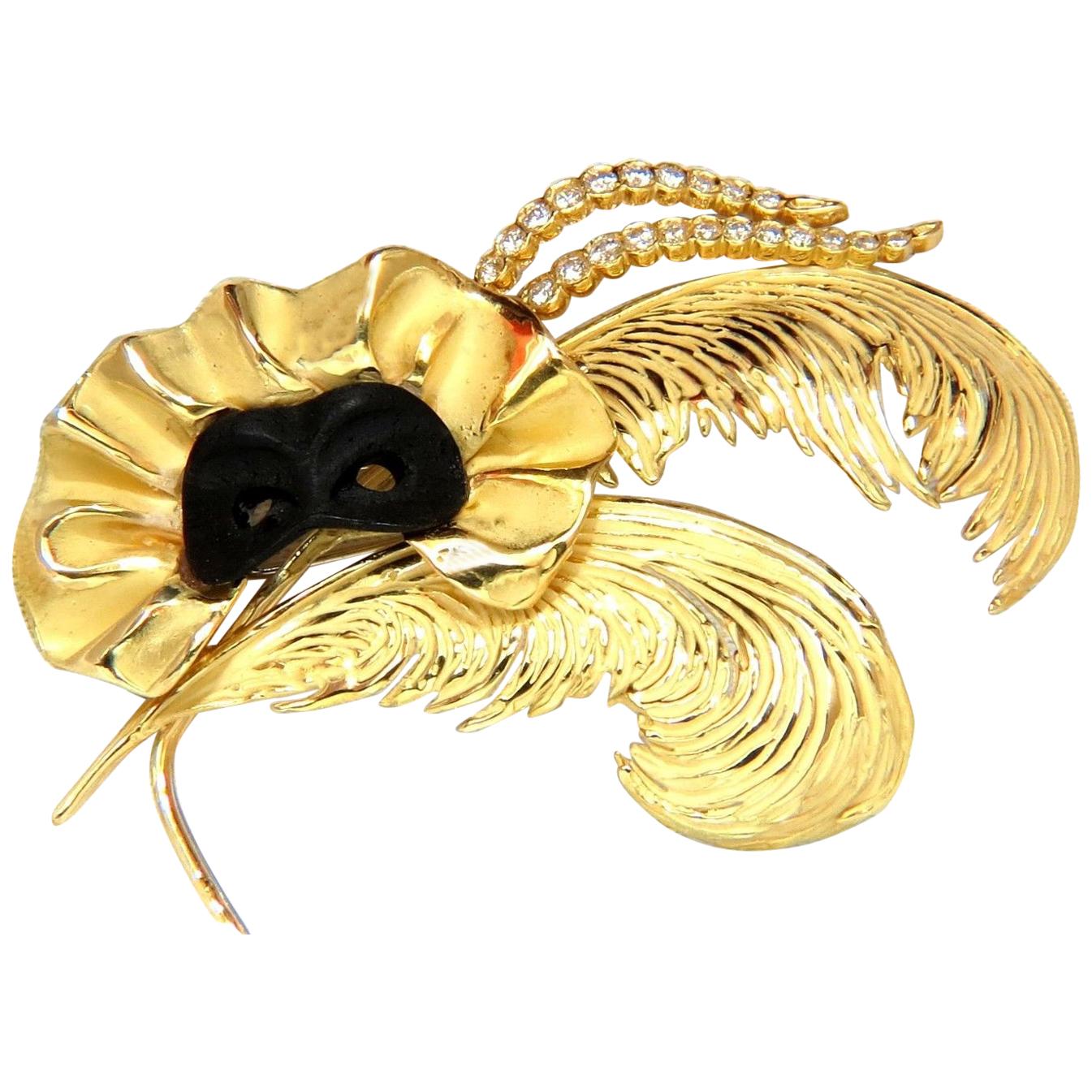 18 Karat Signed 1.00 Carat Diamonds Theater Eye Mask Feather Peacock Deco Brooch For Sale