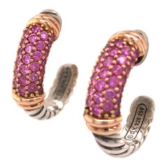 18 Karat Silver David Yurman Pink Sapphire Metro Hoop Earrings Rose Gold