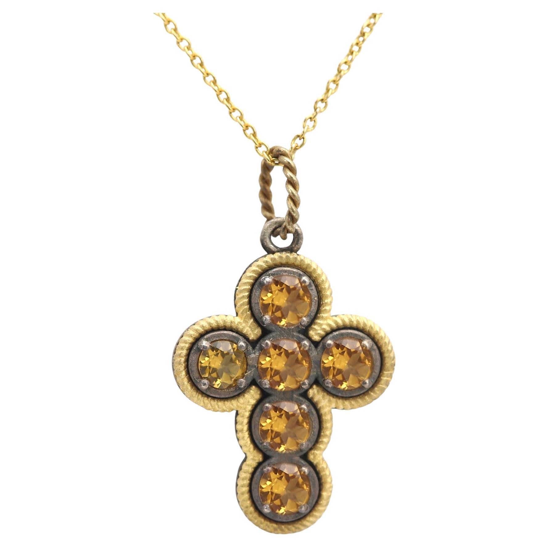 18 Karat & Silver Vintage Cross Yellow Citrine two tone made in Italy