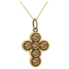 18 Karat & Silver Vintage Cross Yellow Citrine two tone made in Italy