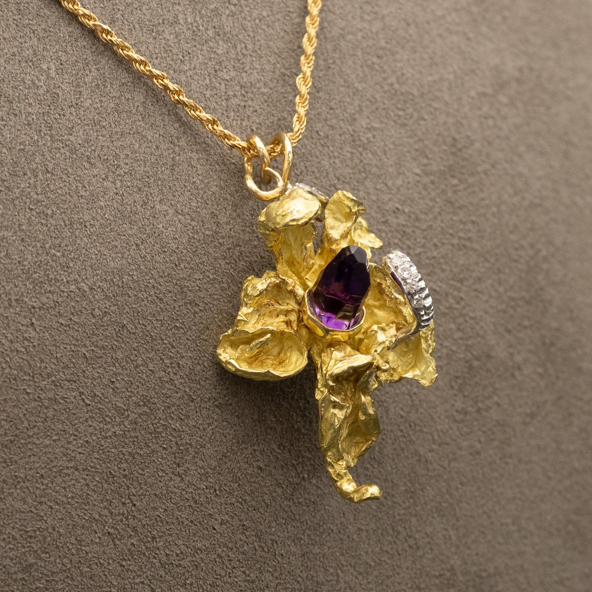 Modern 18 Karat Solid Gold Amethyst and Diamond Orchid Pendant