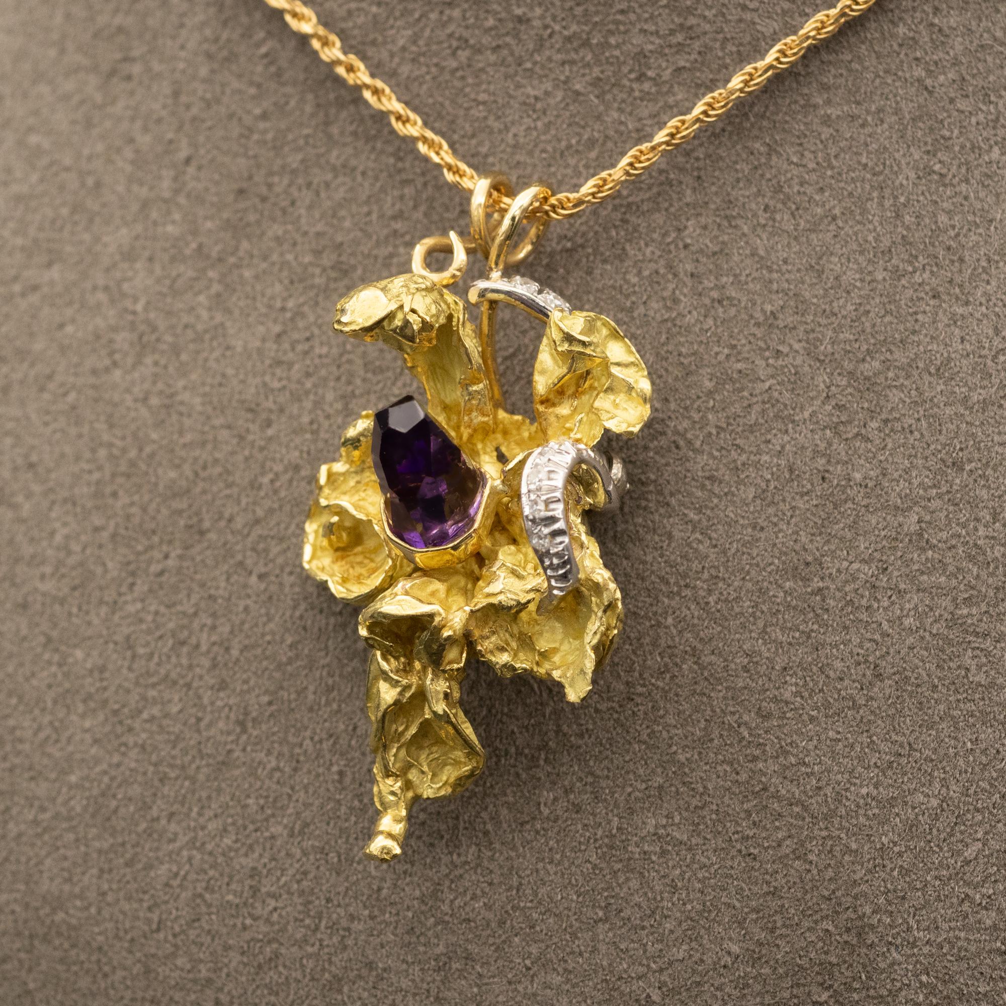 Rough Cut 18 Karat Solid Gold Amethyst and Diamond Orchid Pendant