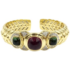 Vintage 18 Karat Solid Gold Braided Cuff Bracelet with Diamonds and Tourmalines