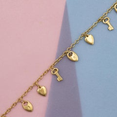 18 karat solid gold - Heart key lock Necklace - Thin love chain, Minimal design