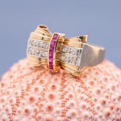 18 karat solid gold tank ring - Ruby & natural Diamonds - Retro Vintage bow ring